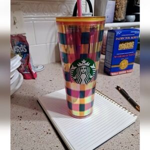 Starbucks 2023 Pink Orange ‘Picnic Blanket’ Checkered Plaid Tumbler